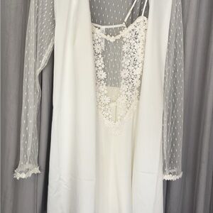 Flora Nikrooz White Lace Trim Chemise with Sheer Dot Sleeves